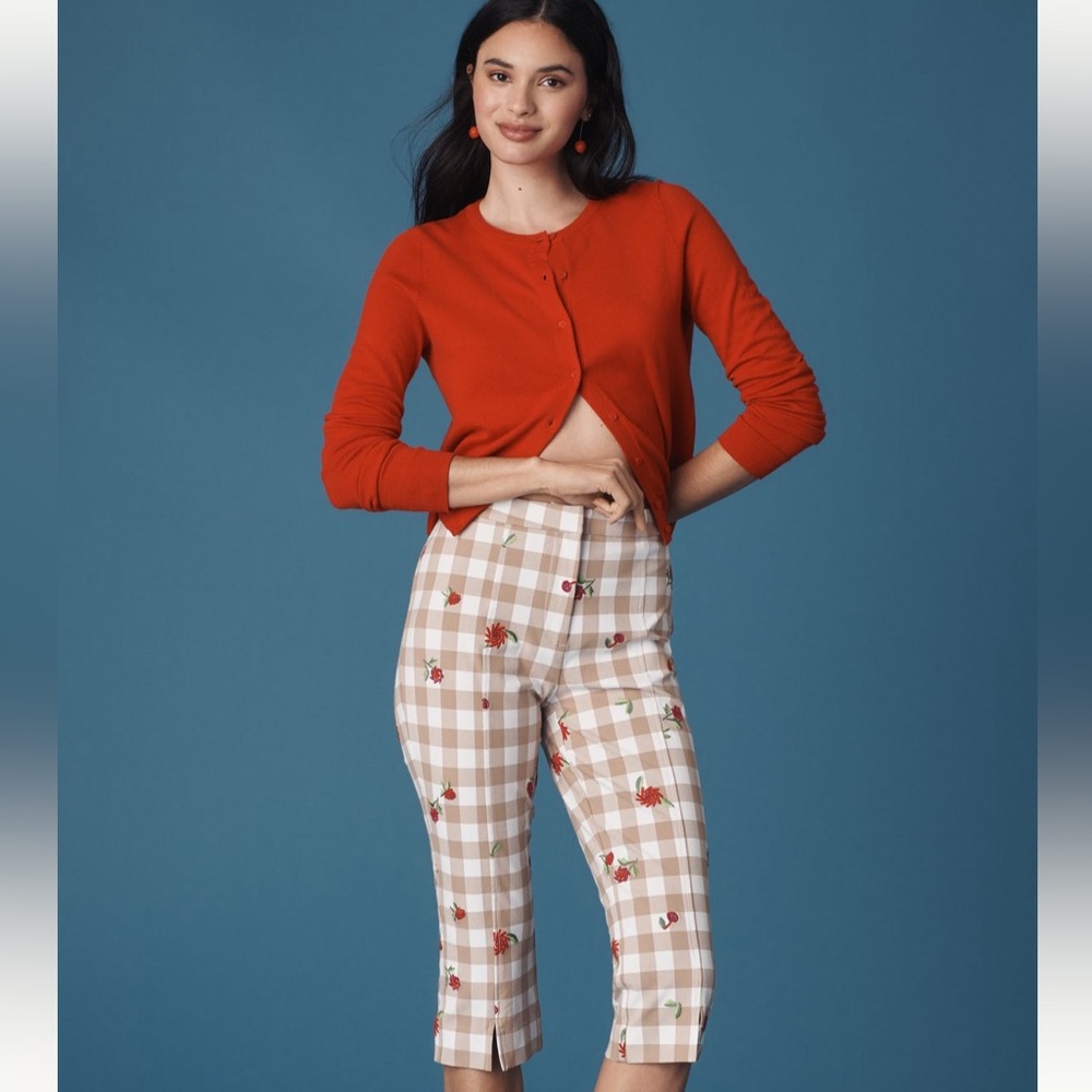 Maeve Plaid Cropped Pants with Floral Embroidery